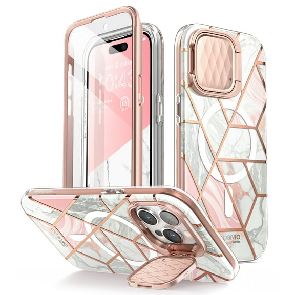 i-Blason Cosmo Mag for iPhone 15 Pro Max Case [6.7 inch] with Camera Cover Stand, [Compatible with MagSafe] Slim Stylish Full-Body Protective Case with Built-in Screen Protector (Marble)
