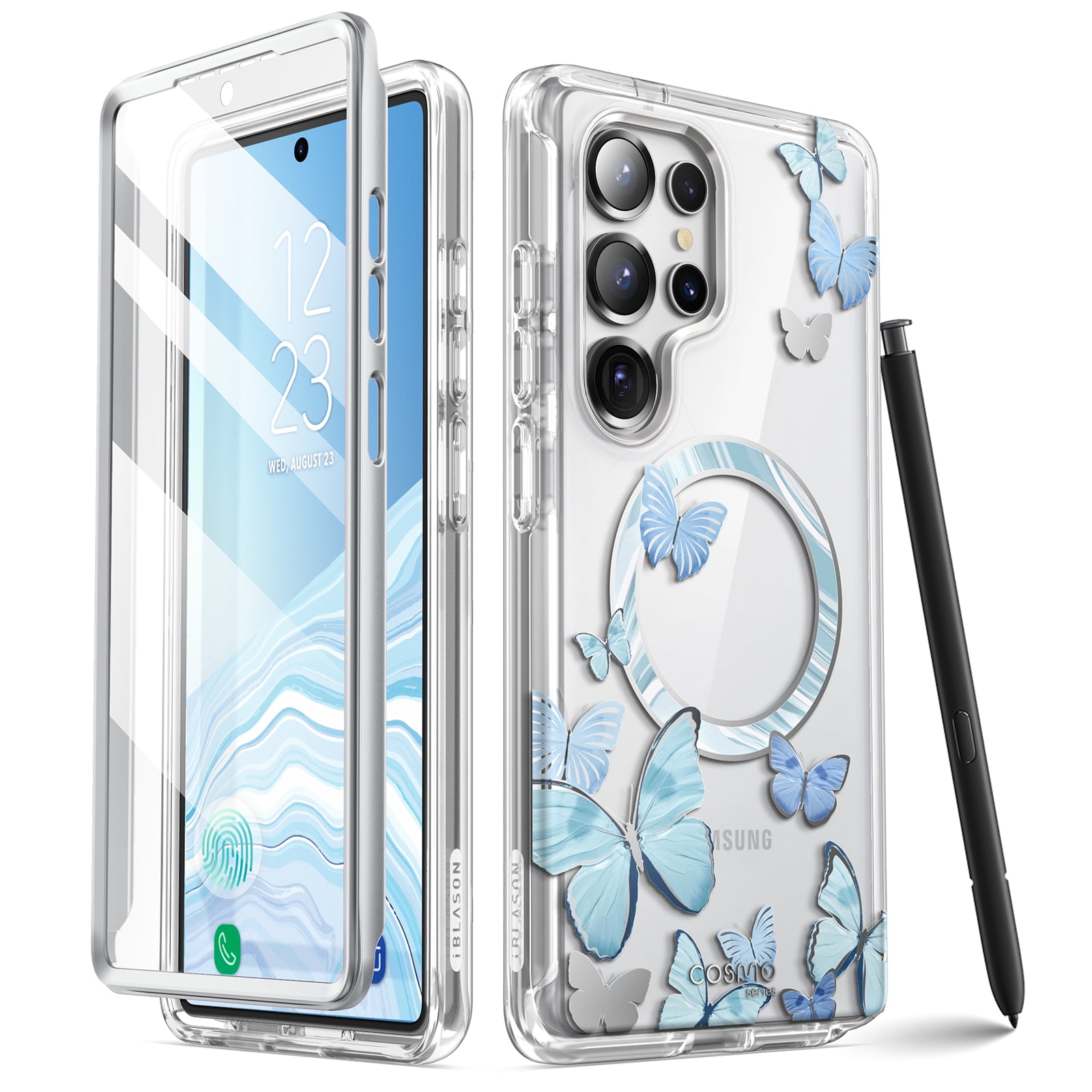 i-Blason Cosmo for Samsung Galaxy S25 Ultra Case MagSafe with Built-in Screen Protector [Support Fingerprint ID & Wireless Charger] Full-Body Slim Magnetic Phone Case Cover for S25 Ultra, BlueFly