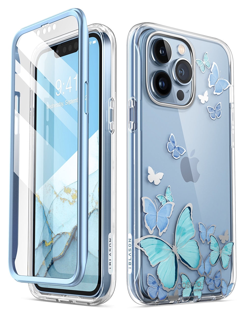 i-Blason Cosmo Series iPhone 13 Pro Max Case 6.7 inch (2021 Release), Slim Full-Body Stylish Protective Case for iPhone 13 Pro Max with Built-in Screen Protector (Blue Butterfly)