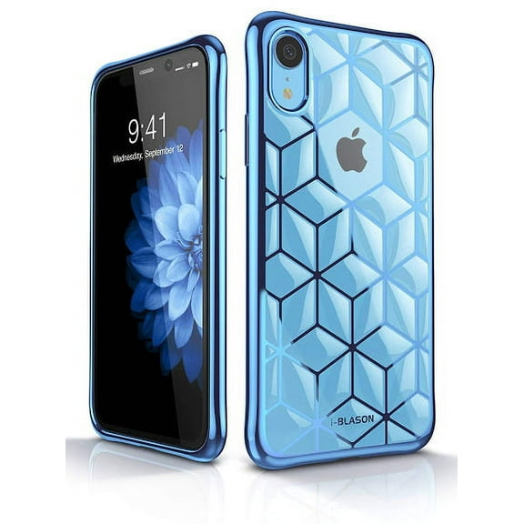 i-Blason Cube Series for iPhone XR 6.1 inch, Slim Crystal Clear Flexible TPU Protective Case with Geometric 3D Diamond Pattern (Blue)