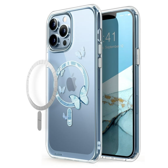 i-Blason Halo Case Compatible with MagSafe for iPhone 13 Pro 6.1 inch (2021 Release), Slim Clear Case with TPU Inner Bumper (Butterfly/Blue)