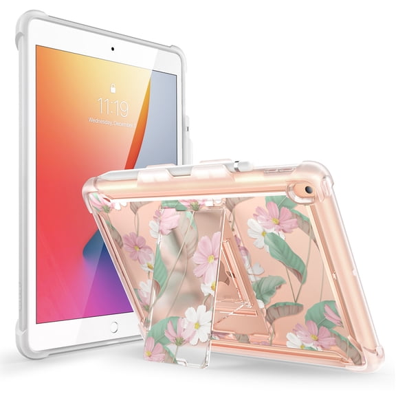 i-Blason Halo Case for iPad 9th/8th/7th Generation, iPad 10.2 (2021/2020/2019 Release), Slim Clear Protective Cases with Built-in Kickstand & Inner TPU Bumper (Daisy/Pink)