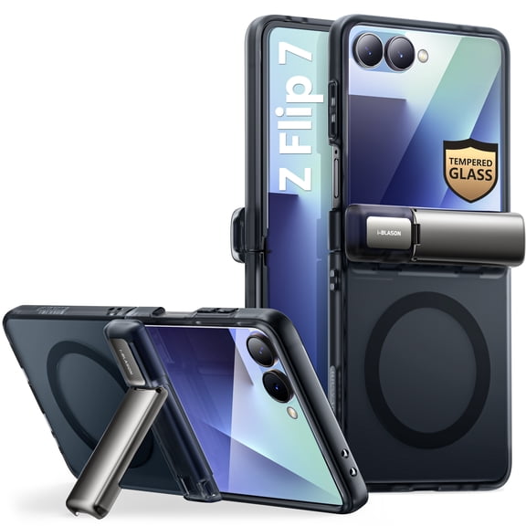 i-Blason for Samsung Galaxy Z Flip 7 Case with Stand [Tempered Glass Screen Protector] [Hinge Protection] [Strong Magnetic Absorption] Slim Matte Protective Magnetic Phone Cover for Z Flip 7, Black