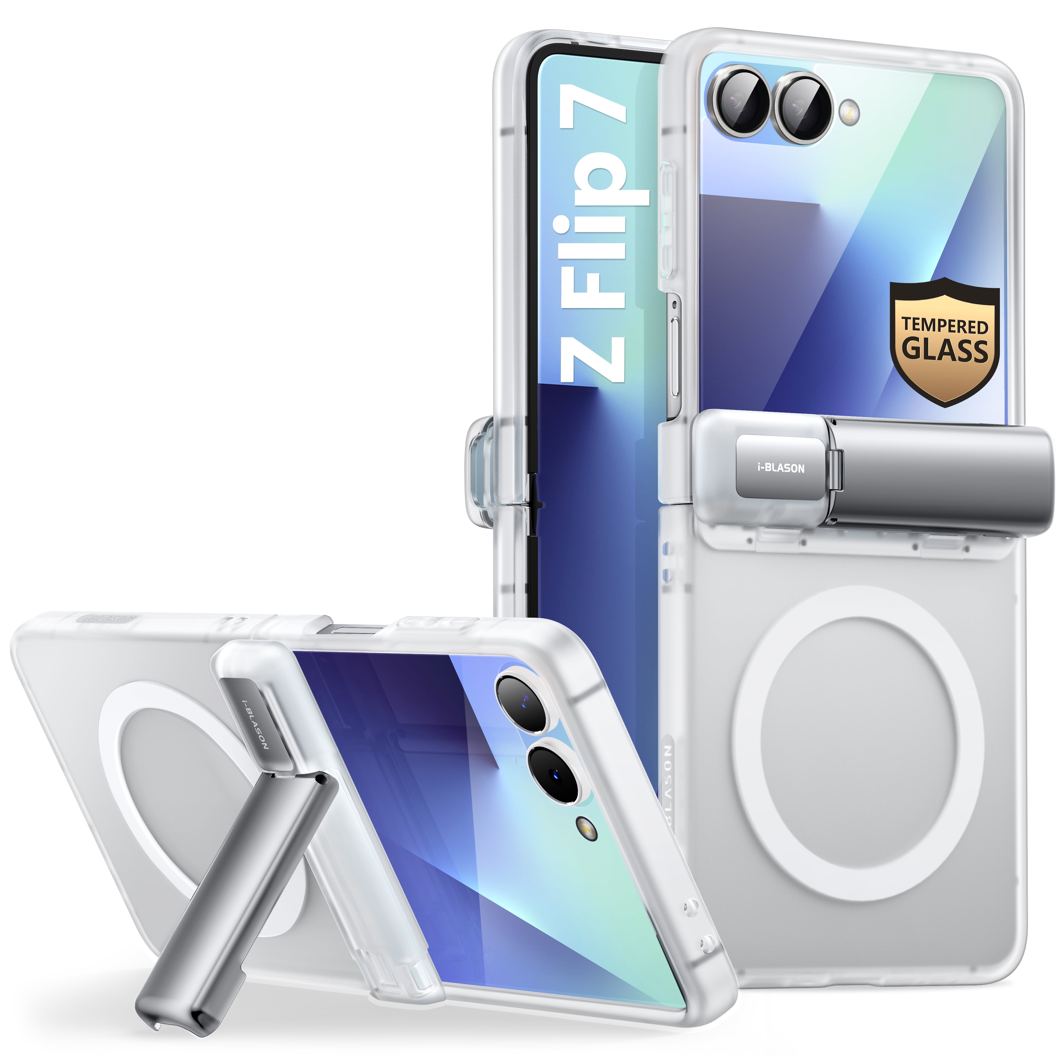 i-Blason for Samsung Galaxy Z Flip 7 Case with Stand [Tempered Glass Screen Protector] [Hinge Protection] [Strong Magnetic Absorption] Slim Matte Protective Magnetic Phone Cover for Z Flip 7, Clear