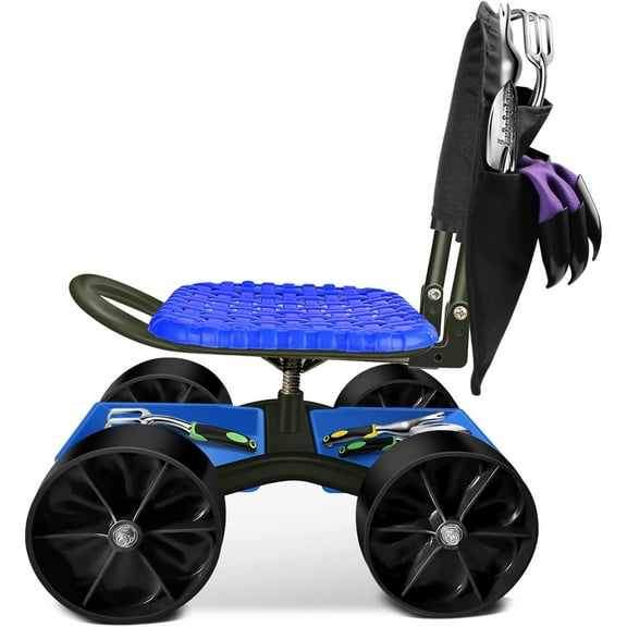 i COVER Garden Cart Rolling Stool with Four Wheels and Tool Bag, Stable Workseat Sturdy Cart Adjustable Seat Height and Direction, Gardening Helper, Dark Green