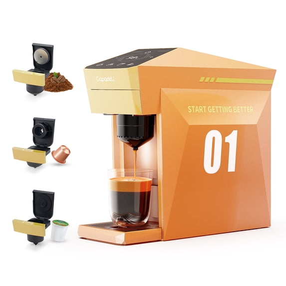 i Cafilas 3 in 1 Single Serve Coffee Maker,Self-Heating 19Bar Brewing Coffee Machine for K Cup、NESpresso and Ground Coffee,with 27oz Removable Water Reservior,Orange Espresso Coffee Machine