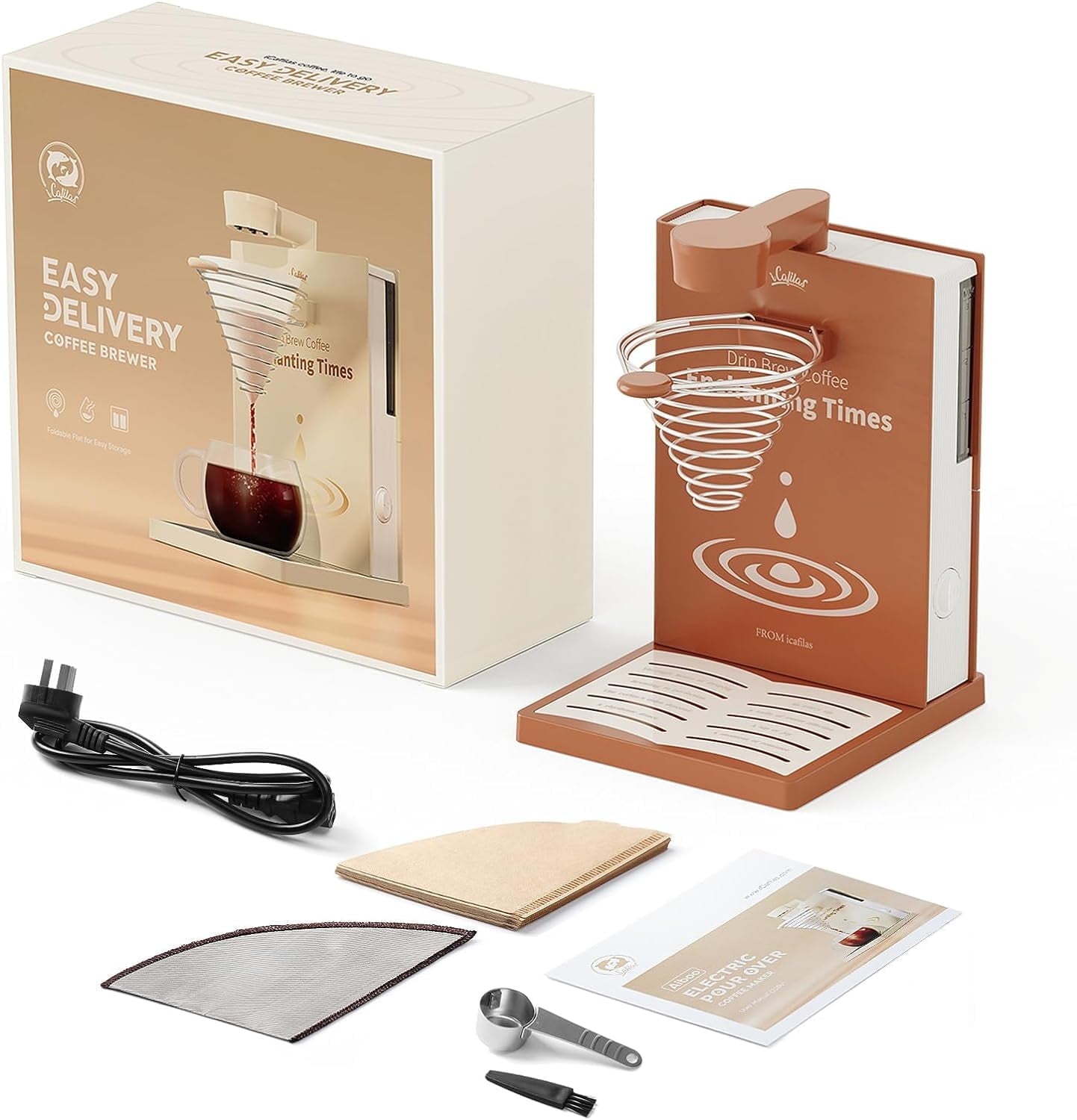 i Cafilas Portable Foldable Electric Pour Over Coffee Machine,Drip Electric Coffee Maker with Elegant Design for Car Truck Camping Hiking Outdoors Golfing, 10oz.Capacity,400W (Brown)