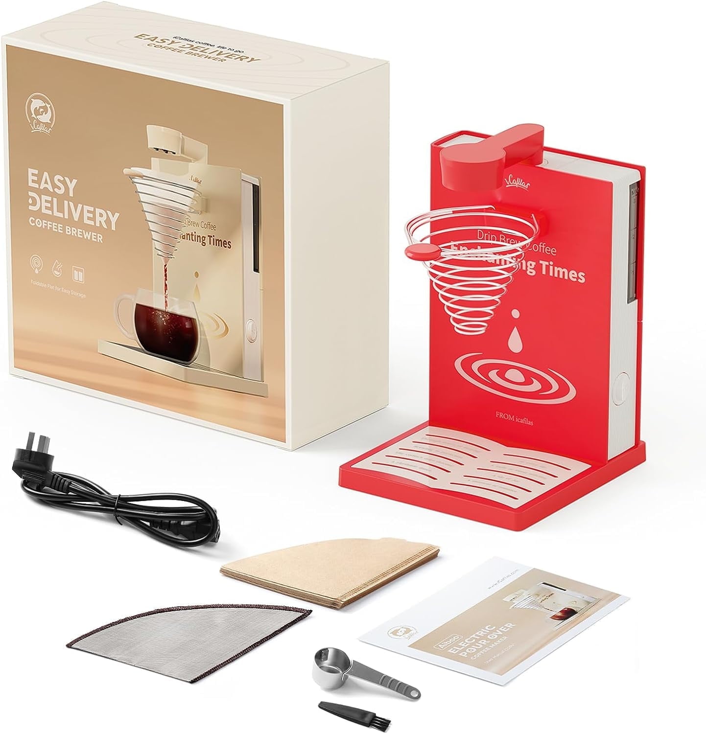 i Cafilas Portable Foldable Electric Pour Over Coffee Machine,Drip Electric Coffee Maker with Elegant Design for Car Truck Camping Hiking Outdoors Golfing, 10oz.Capacity,400W (Red)