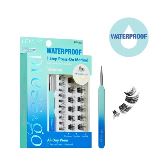 i-ENVY Press&Go Waterproof Self-Adhesive Eyelashes, No Glue Needed 22 False Lash Clusters, Reusable 1 Step Press-On Lashes, No Damage or Residue (Waterproof Volume With Applicator Kit)