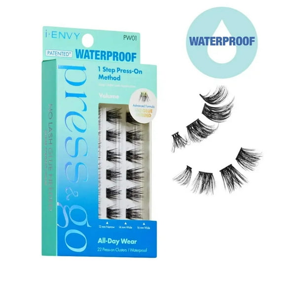 i-ENVY Press&Go Waterproof Self-Adhesive Eyelashes, No Glue Needed 22 False Lash Clusters, Reusable 1 Step Press-On Lashes, No Damage or Residue (Waterproof Volume Wispy)