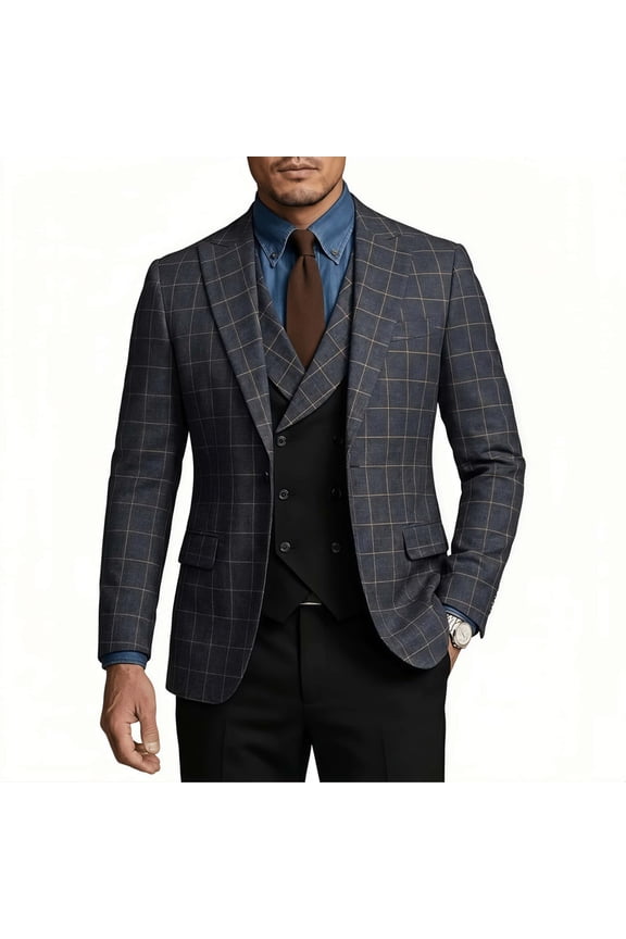 i·FineLong Men's British-Style Gray Checkered Suit Set, Slim Fit with Vest—Ideal for Job Interviews, Professional Settings, and Formal Events
