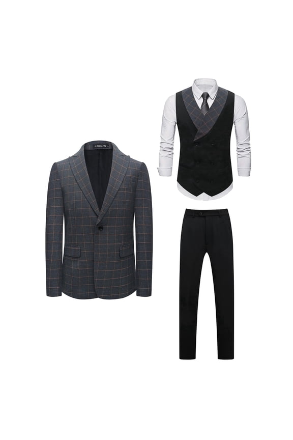 i·FineLong Men's British-Style Gray Checkered Suit Set, Slim Fit with Vest—Ideal for Job Interviews, Professional Settings, and Formal Events