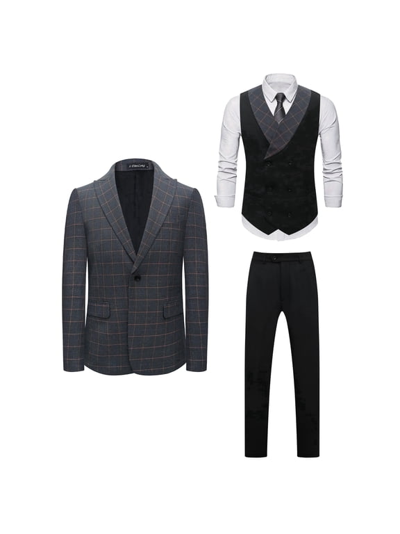 i·FineLong Men's Business Casual Gray Checkered Three-Piece Suit with Double-Breasted Vest – Groom's Attendant and Groom's Formal Wear