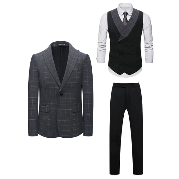 i·FineLong Men's Business Casual Gray Checkered Three-Piece Suit with Double-Breasted Vest – Groom's Attendant and Groom's Formal Wear