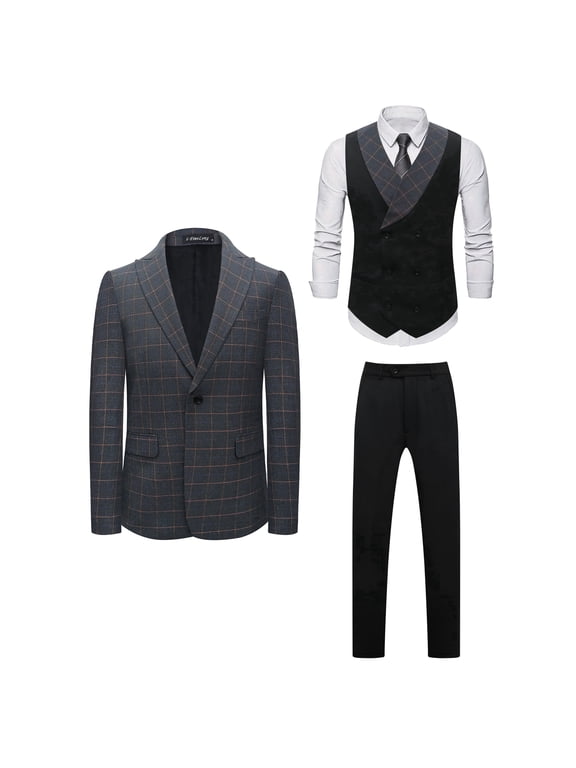 i·FineLong Men's Gray Checkered Three-Piece Suit Set (Includes Double-Breasted Vest and Trousers) – Wedding Attire for Grooms and Best Men, Business Formal Wear