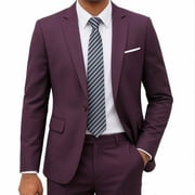 i FineLong Mens Single-Breasted Burgundy Two-Piece Suit Slim-Fit Business Suit, All-Season Formal Suit