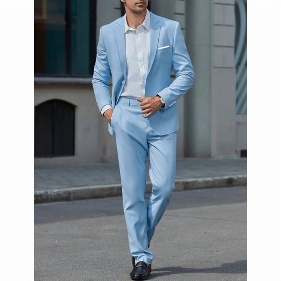 i·FineLong Slim-Fit Sky Blue Men's Suit Set: Trendy Single-Breasted Suit for Business, Commuting, and Interviews (Includes Pants)