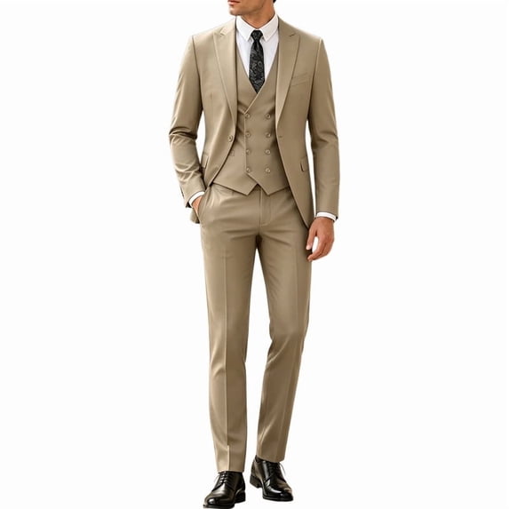 i·FineLong Men's Beige 3-Piece Suit Set - Daily Business Office Work/Professional Meeting Outfit (Jacket+Vest+Pants)