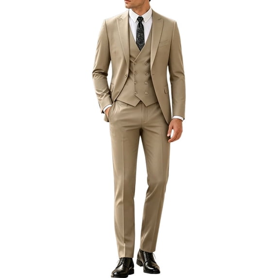 i·FineLong Men's Beige 3-Piece Suit Set - Daily Business Office Work/Professional Meeting Outfit (Jacket+Vest+Pants)
