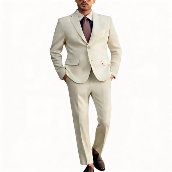 i.Finelong Men's Beige Linen-Blend Slim-Fit 2-Piece Suit Set - Breathable Daily Business Office/Relaxed Work Outfit (Jacket & Pants)