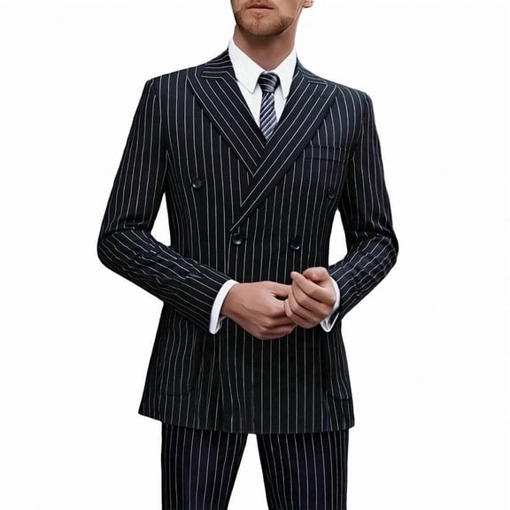 i.Finelong Men's Black Pinstripe Double-Breasted Suit Set - Formal/Wedding Party Outfit (Jacket & Pants)