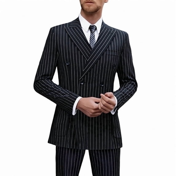 i·FineLong Men's Black Pinstripe Double-Breasted Suit Set - Formal/Wedding Party Outfit (Jacket & Pants)