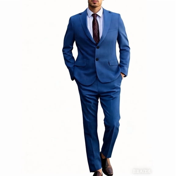 i·FineLong Men's Blue Linen-Blend Slim-Fit 2-Piece Suit Set - Breathable Professional Business Interview Formal Outfit (Jacket & Pants)