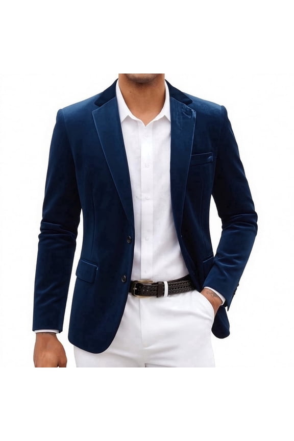 i·FineLong Men's Classic Dark Blue Blazer Two Button Casual Smart Daily Gentleman Style