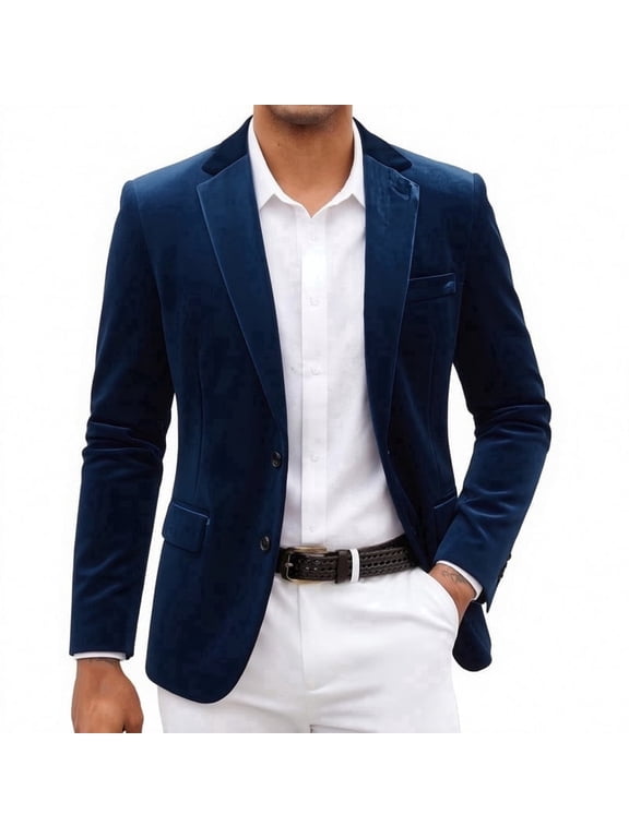 i·FineLong Men's Classic Dark Blue Blazer Two Button Casual Smart Daily Gentleman Style