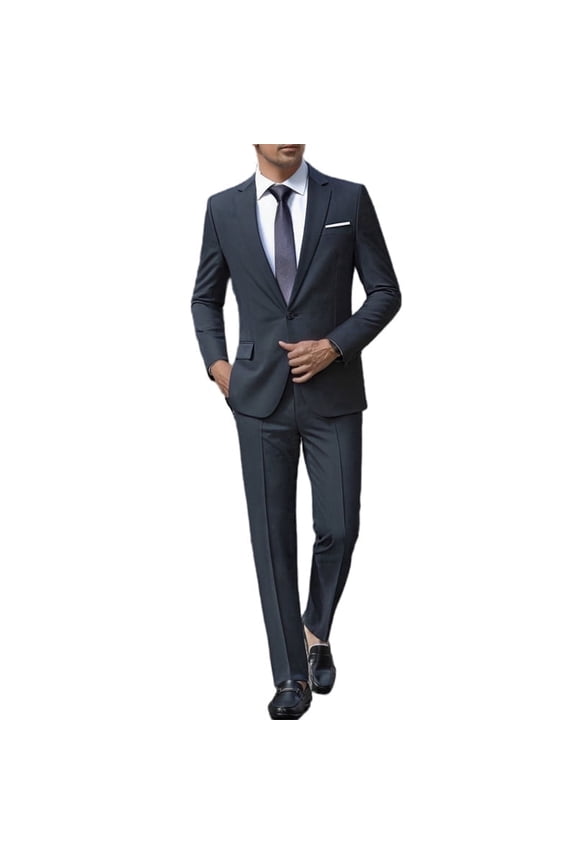 Men's Dark Navy Slim-Fit 2-Piece Suit Set - Business Negotiation/Professional Meeting Outfit (Jacket & Pants)