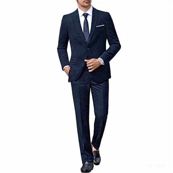 i·FineLong Men's Dark Navy Slim-Fit 2-Piece Suit Set - Professional Business Interview/Job Application Formal Outfit (Jacket & Pants)