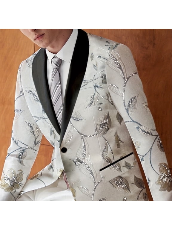 i·FineLong Men's Elegant Floral Print Blazer Silver Black Trim One Button Dinner Party Banquet Event