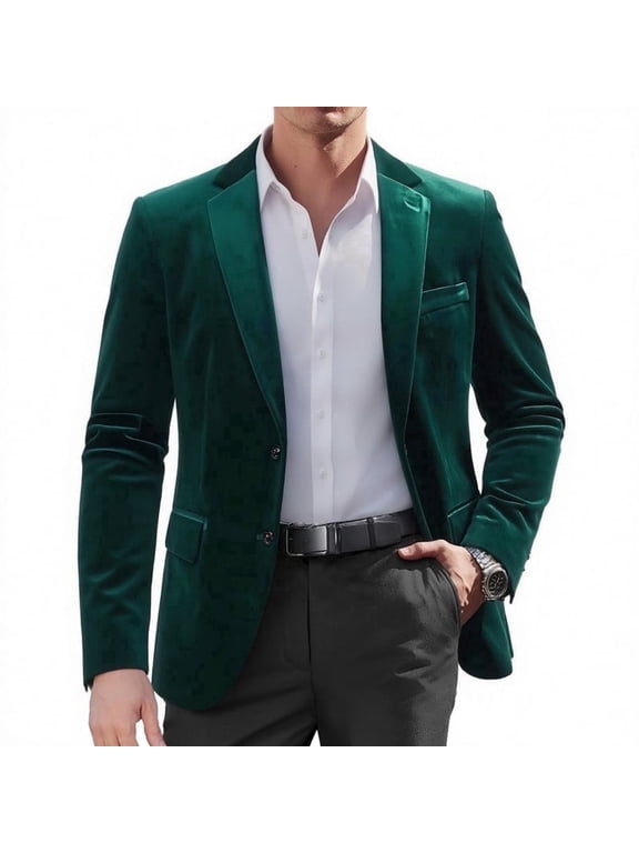 i·FineLong Men's Emerald Green Blazer Gold Paisley Lining Two Button Dinner Party Celebration