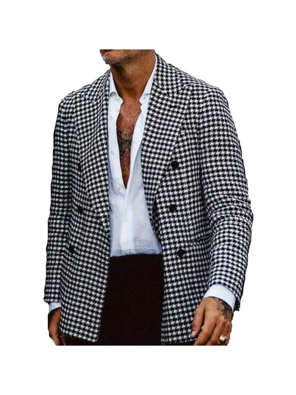 i·FineLong Men's Fashion Houndstooth Suit Jacket Double Breasted Slim Fit Streetwear Daily Look