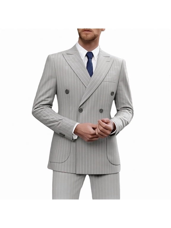 i·FineLong Men's Light Gray Pinstripe Double-Breasted Suit Set - Smart Casual Business Office/Daytime Event Outfit (Jacket & Pants)
