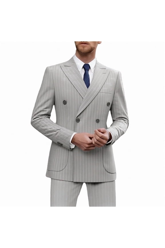 i·FineLong Men's Light Gray Pinstripe Double-Breasted Suit Set - Smart Casual Business Office/Daytime Event Outfit (Jacket & Pants)