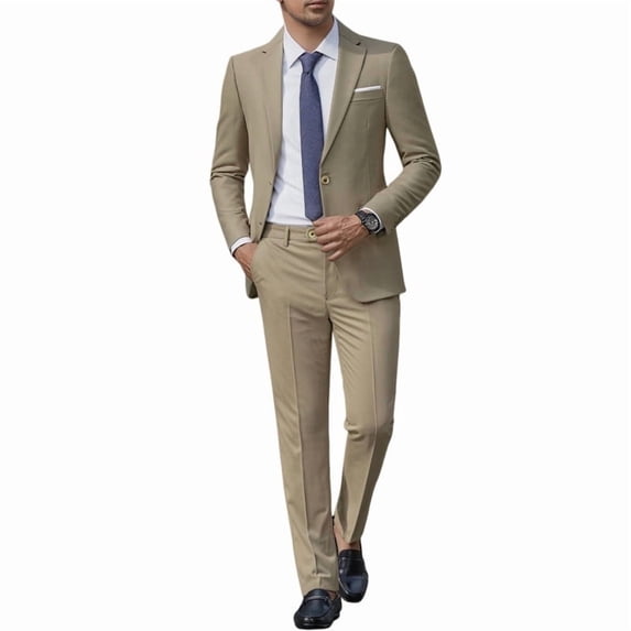 i.Finelong Men's Light Khaki Slim-Fit 2-Piece Suit Set - Daily Business Commute Office Outfit (Jacket & Pants)