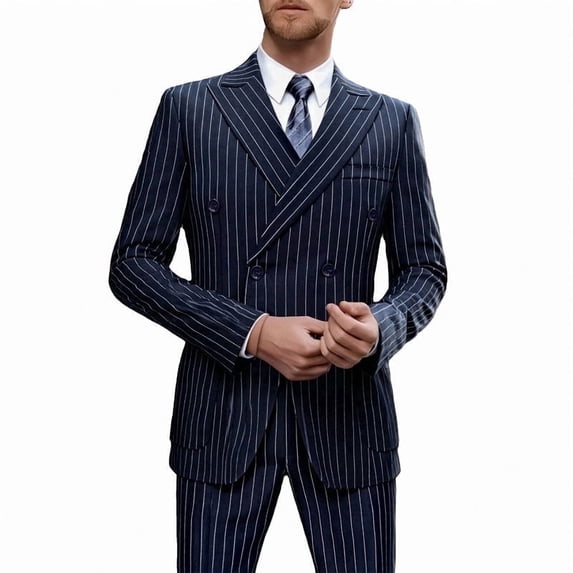 i·FineLong Men's Navy Pinstripe Double-Breasted Suit Set - Formal Business/Wedding Party Outfit (Jacket & Pants)
