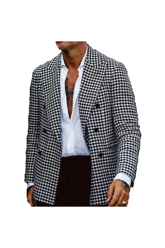 i·FineLong Men's Retro Check Blazer Jacket Double Breasted Casual Smart Daily Party Outfit