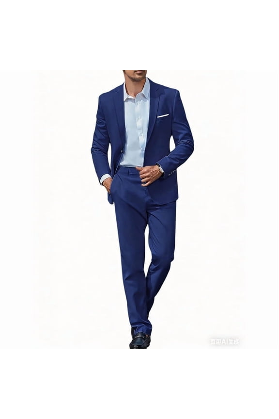 Men's Royal Blue Slim-Fit 2-Piece Suit Set - Daily Casual Business Office/Relaxed Work Outfit (Jacket & Pants)