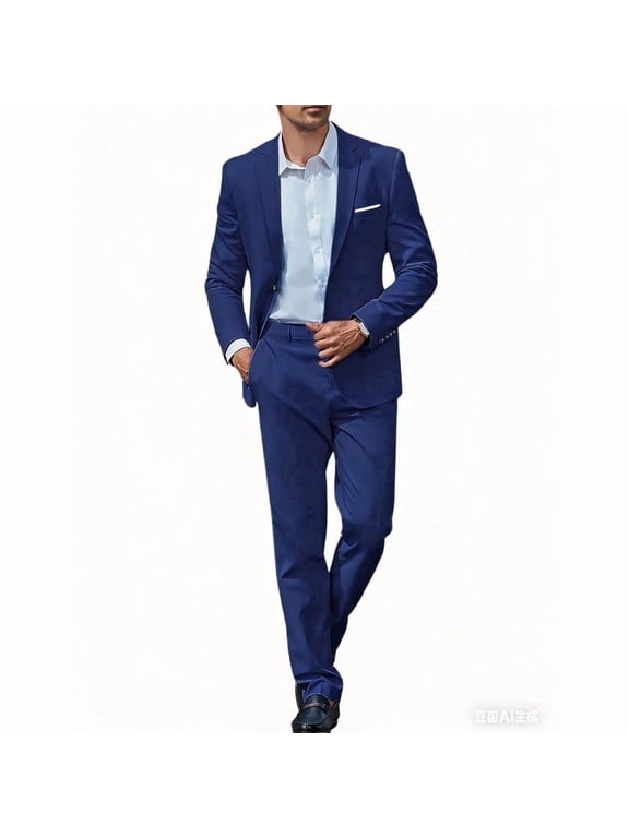 i·FineLong Men's Royal Blue Slim-Fit 2-Piece Suit Set - Daily Casual Business Office/Relaxed Work Outfit (Jacket & Pants)