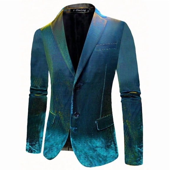 i·FineLong Men's Shimmer Disco Suit Jacket Teal Gold Two Button Performance Singer Host