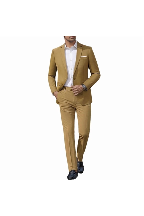 i·FineLong Men's Tan Slim-Fit 2-Piece Suit Set - Smart Casual Business Date/Evening Outing Outfit (Jacket & Pants)