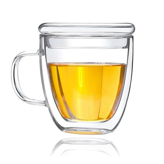 i Kito Double Wall Glass Mug with lid 16 oz, Clear Glass Cups with lids and Handle