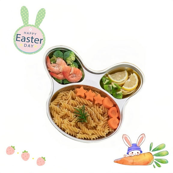 i Kito Easter Rabbit Plates, Stainless Steel Reusable Children Plates with Dividers, Kids Cartoon Plates Silver