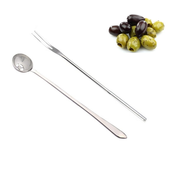 i Kito Long Olive Spoon Strainer Mini Metal Slotted Spoons and Fork Set, 2-Pack, Stainless Steel