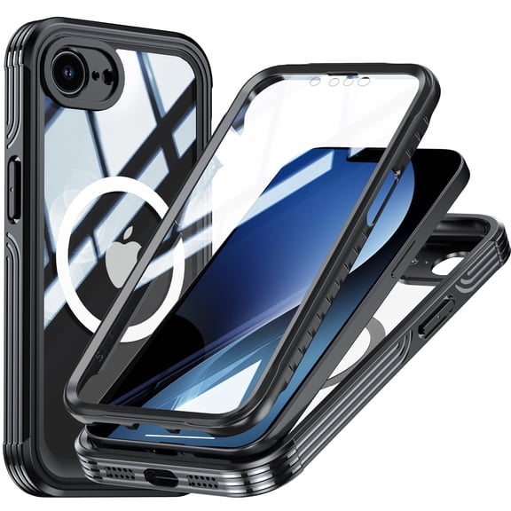 for i-Phone 16e Case with Built-in Screen Protector, for i-Phone 17e Magnetic Phone Case Compatible with MagSafe, Military-Grade Protection Full Body Shockproof Clear Protective Phone Cover,Black