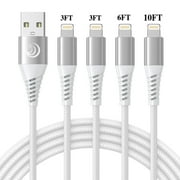Aioneus iPhone Charger Compatible with iPhone 14/13/12/11, USB A to Light-ning Cables 4Pack 3/3/6/10FT Braided Fast Charging Cord, White