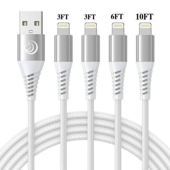 Aioneus iPhone Charger Compatible with iPhone 14/13/12/11, USB A to Light-ning Cables 4Pack 3/3/6/10FT Braided Fast Charging Cord, White