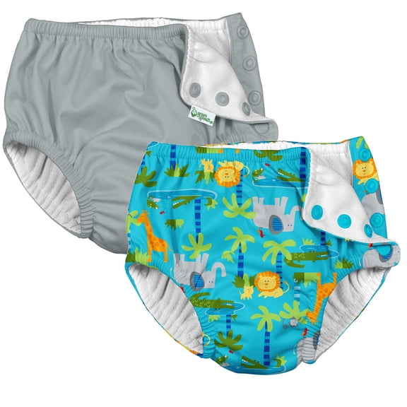i Play (2 Pack) Boys Reusable Absorbent Baby Swim Diapers - Swimming Suit Bottom | No Other Diaper Necessary Aqua Jungle and Grey 6 Months